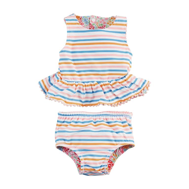 Floral/Stripe Reversible Swimsuit & Headband Set - 3T