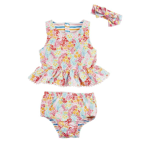 Floral/Stripe Reversible Swimsuit & Headband Set - 3T