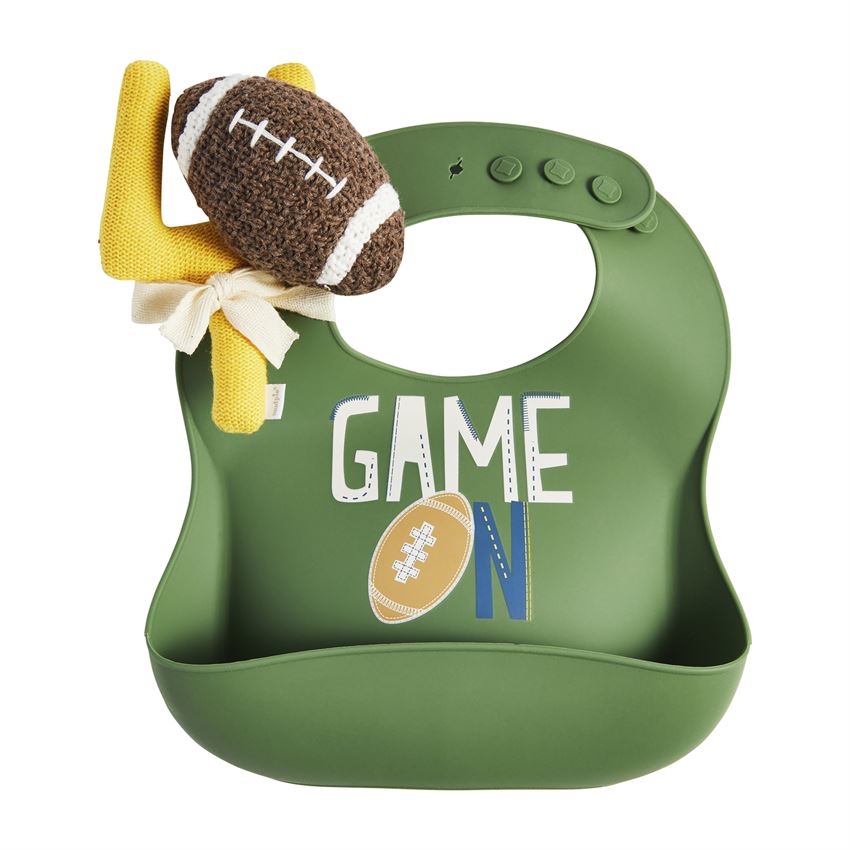 FOOTBALL SILICONE BIB RATTLE