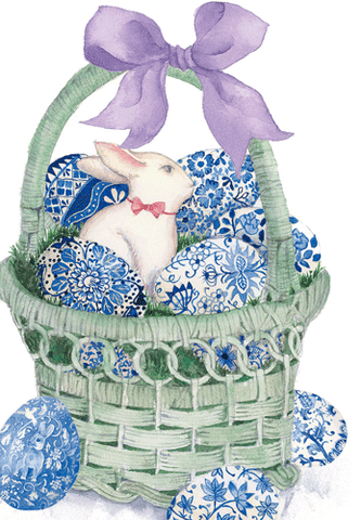 Bunny In Blue & White Easter Basket - Easter Card Die Cut