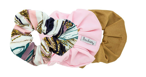 Scrunchie 3 Pack- Glam Mauve (1 Mauve Strokes, 1 Old Gold, 1 Pale Pink)