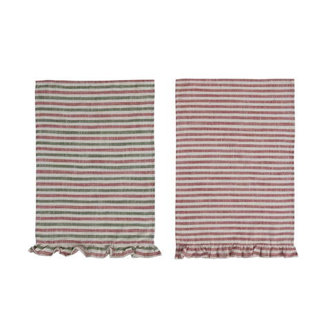 Woven Cotton Striped Tea Towel with Ruffle 28"L x 18"W  | 2 Colors