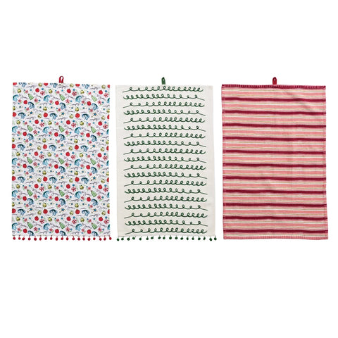 Cotton Tea Towel with Pattern and Pom Pom Trim, Multi Color 28"L X 18"W | 3 Styles